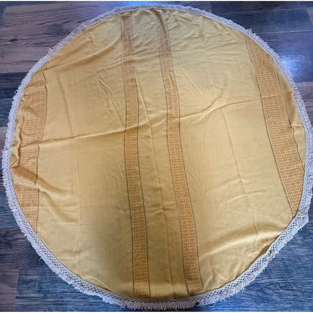Vintage 70s Loom Woven Boho Round Tablecloth Mustard Yellow Fringe 66 Inch